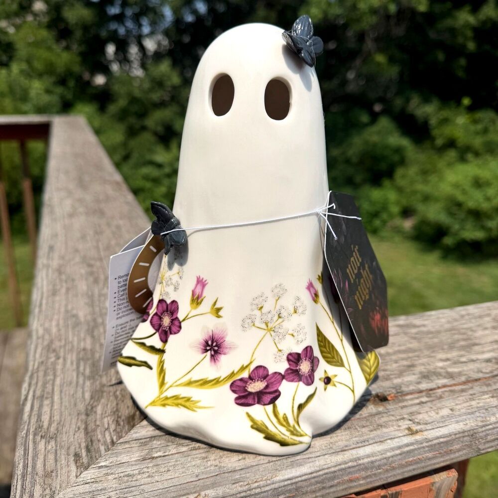 NEW Ceramic LED Ghost with Butterfly and Painted Flowers 8"